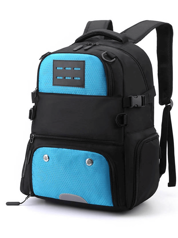 Sports backpack with shoe compartment and detachable net pocket in black and blue, featuring adjustable straps and spacious design, model SF0808.